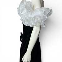 80's Vintage Black Velvet Dress with Dramatic Sheer Puff Sleeves & Rhinestone Detail