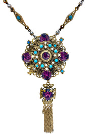 Vintage 1960s Baroque Revival Amethyst Rhinestone & Turquoise Cabochon Necklace & Earring Set