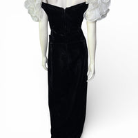 80's Vintage Black Velvet Dress with Dramatic Sheer Puff Sleeves & Rhinestone Detail