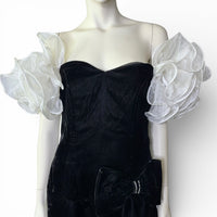 80's Vintage Black Velvet Dress with Dramatic Sheer Puff Sleeves & Rhinestone Detail