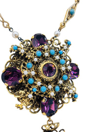 Vintage 1960s Baroque Revival Amethyst Rhinestone & Turquoise Cabochon Necklace & Earring Set