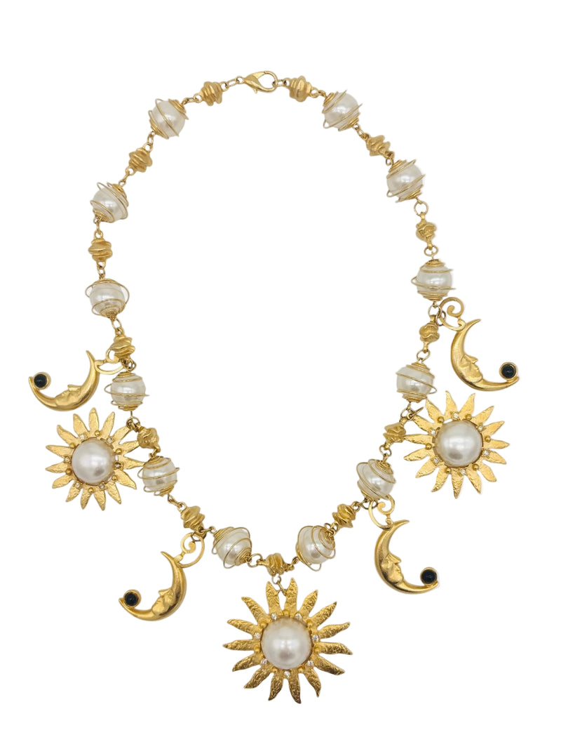 Vintage 80s Matte Gold Sun, Moon & Stars: Signed Craft Celestial Charm Necklace