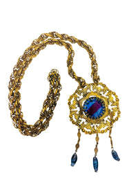 60s Vintage Victorian Revival Austrian Blue Purple Watermelon Glass Statement Necklace