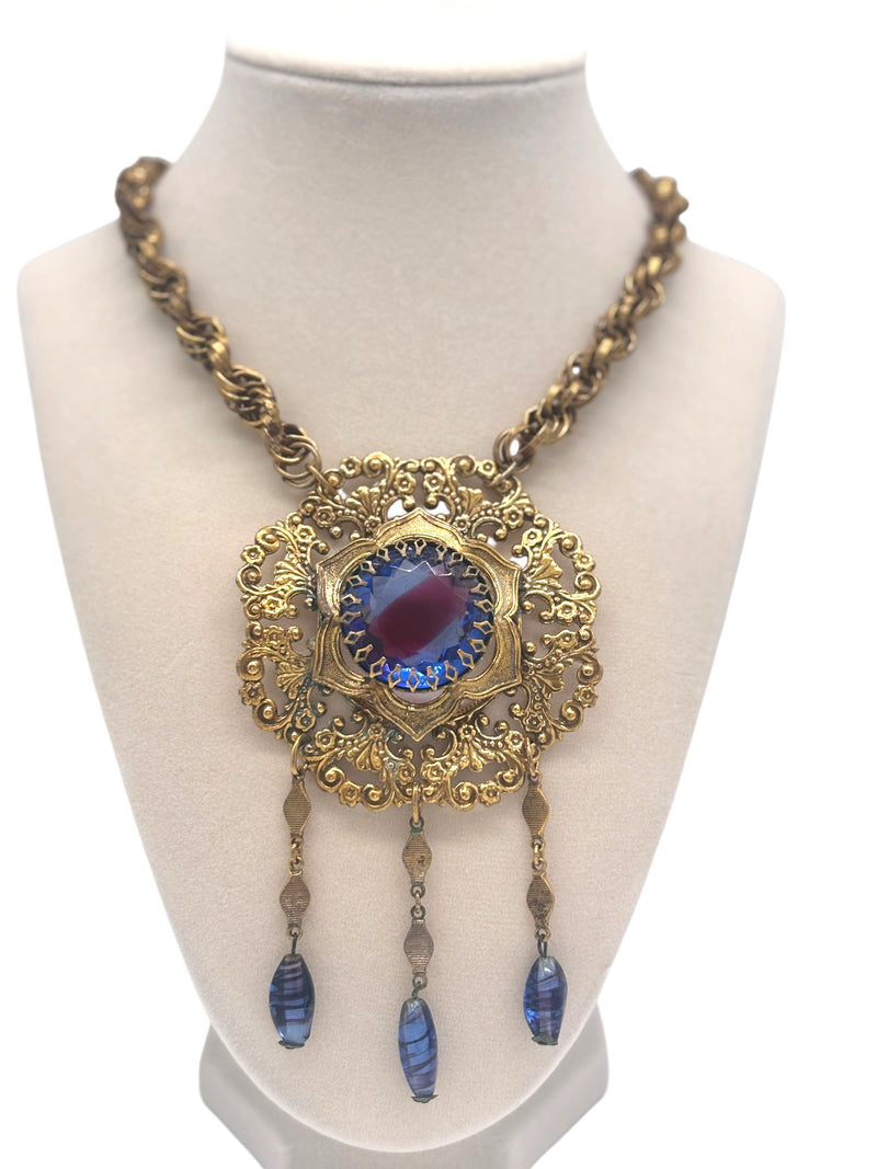 60s Vintage Victorian Revival Austrian Blue Purple Watermelon Glass Statement Necklace