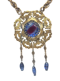 60s Vintage Victorian Revival Austrian Blue Purple Watermelon Glass Statement Necklace