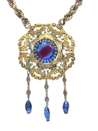 60s Vintage Victorian Revival Austrian Blue Purple Watermelon Glass Statement Necklace