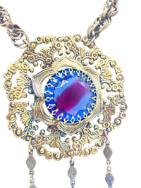 60s Vintage Victorian Revival Austrian Blue Purple Watermelon Glass Statement Necklace