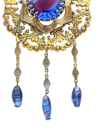 60s Vintage Victorian Revival Austrian Blue Purple Watermelon Glass Statement Necklace