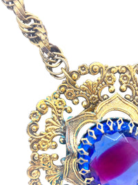 60s Vintage Victorian Revival Austrian Blue Purple Watermelon Glass Statement Necklace