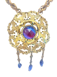 60s Vintage Victorian Revival Austrian Blue Purple Watermelon Glass Statement Necklace