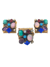 Treasure Chest of Jewels: Vintage Multi-Gem Clip-On Earrings & Adjustable Ring Set