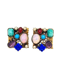 Treasure Chest of Jewels: Vintage Multi-Gem Clip-On Earrings & Adjustable Ring Set