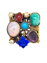 Treasure Chest of Jewels: Vintage Multi-Gem Clip-On Earrings & Adjustable Ring Set