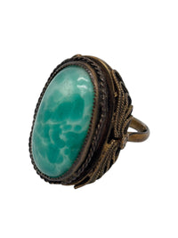 Large Vintage Filigree Bronze and Aqua Peking Glass Statement Ring