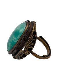 Large Vintage Filigree Bronze and Aqua Peking Glass Statement Ring
