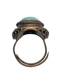 Large Vintage Filigree Bronze and Aqua Peking Glass Statement Ring