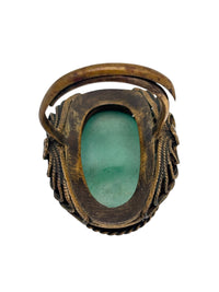 Large Vintage Filigree Bronze and Aqua Peking Glass Statement Ring