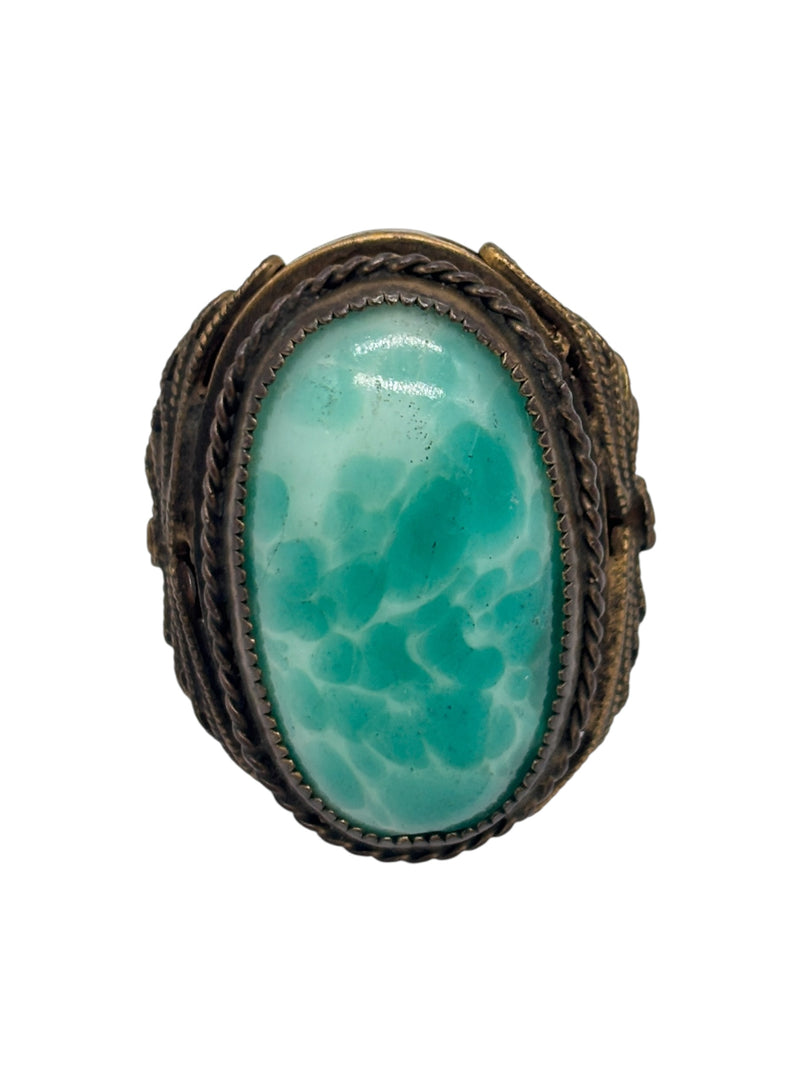 Large Vintage Filigree Bronze and Aqua Peking Glass Statement Ring