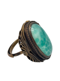 Large Vintage Filigree Bronze and Aqua Peking Glass Statement Ring