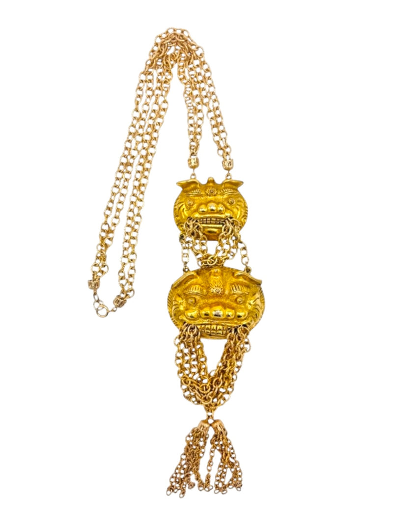 Vintage Unsigned Judith Leiber Foo Dog Guardian of the Temple Tassel Necklace
