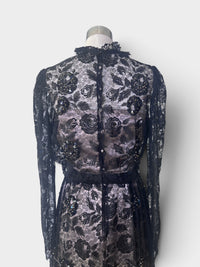 Vintage Rina di Montella Black Floral Lace, Sequin, Beaded Evening Gown
