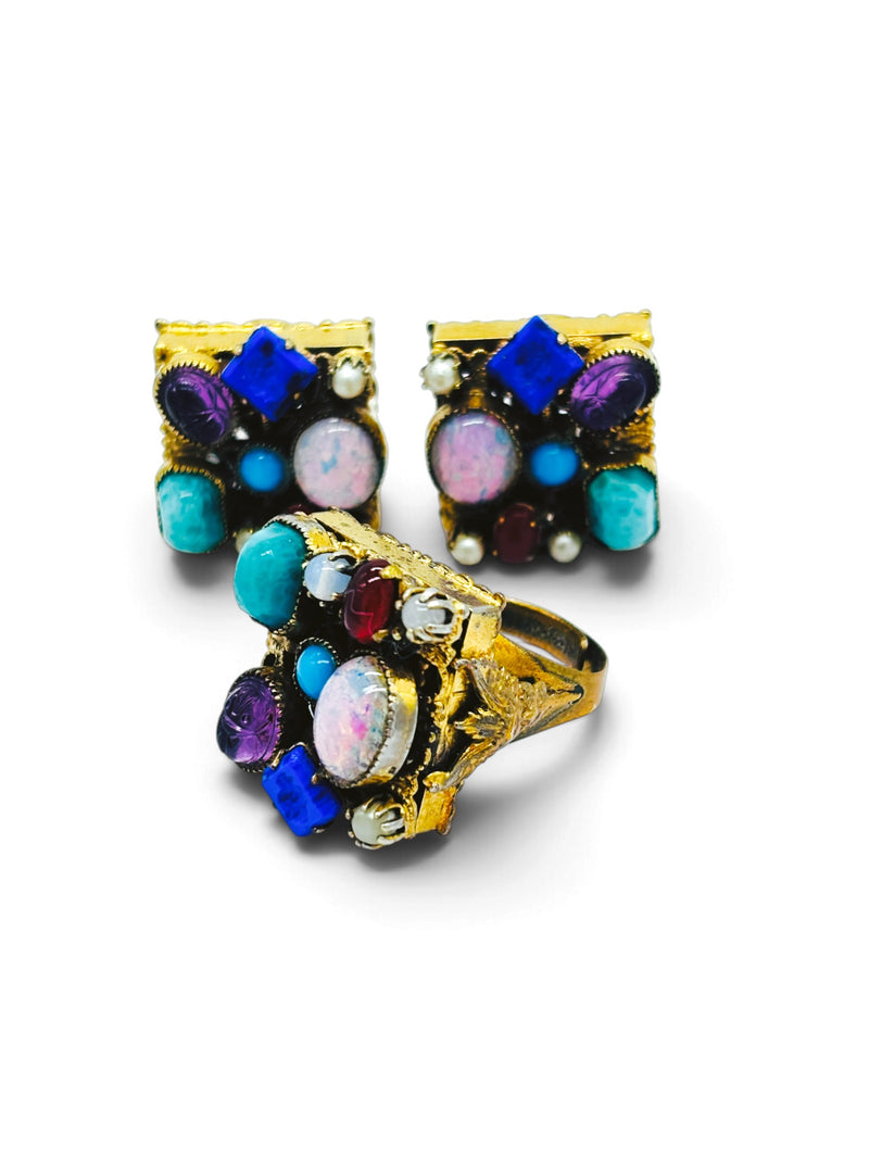 Treasure Chest of Jewels: Vintage Multi-Gem Clip-On Earrings & Adjustable Ring Set