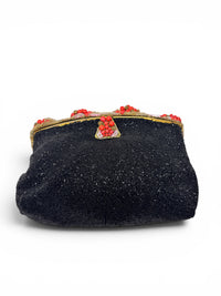 Rare French 1920s–1940s Coral Glass Beaded Evening Bag | Midnight Garden Filigree Clutch