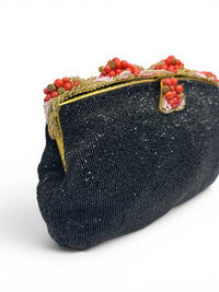 Rare French 1920s–1940s Coral Glass Beaded Evening Bag | Midnight Garden Filigree Clutch