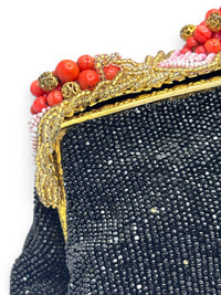 Rare French 1920s–1940s Coral Glass Beaded Evening Bag | Midnight Garden Filigree Clutch