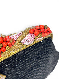 Rare French 1920s–1940s Coral Glass Beaded Evening Bag | Midnight Garden Filigree Clutch