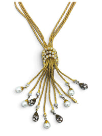 Golden Cascade | Vintage Rhinestone & Pearl Tassel Necklace and Earring Set