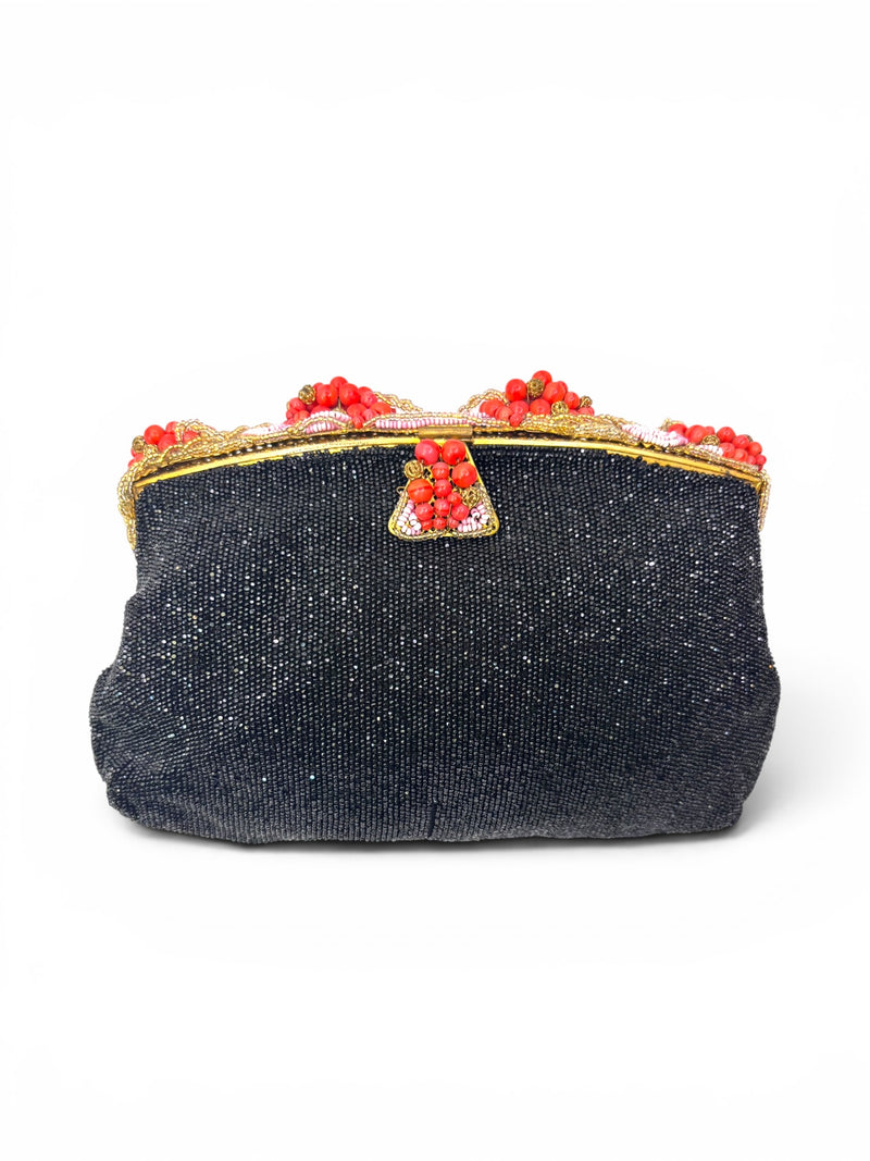 Rare French 1920s–1940s Coral Glass Beaded Evening Bag | Midnight Garden Filigree Clutch