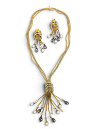 Golden Cascade | Vintage Rhinestone & Pearl Tassel Necklace and Earring Set