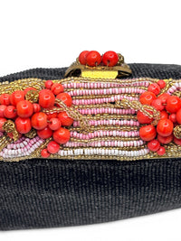 Rare French 1920s–1940s Coral Glass Beaded Evening Bag | Midnight Garden Filigree Clutch