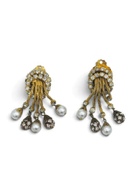 Golden Cascade | Vintage Rhinestone & Pearl Tassel Necklace and Earring Set