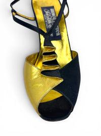 Andrea Pfister Black Satin & Gold Sculptural Ruffle Couture Heels