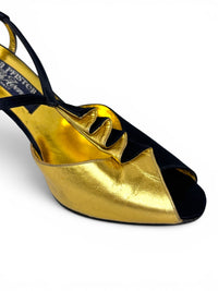 Andrea Pfister Black Satin & Gold Sculptural Ruffle Couture Heels