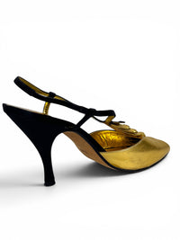 Andrea Pfister Black Satin & Gold Sculptural Ruffle Couture Heels