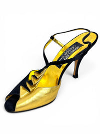 Andrea Pfister Black Satin & Gold Sculptural Ruffle Couture Heels