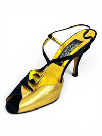 Andrea Pfister Black Satin & Gold Sculptural Ruffle Couture Heels