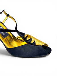 Andrea Pfister Black Satin & Gold Sculptural Ruffle Couture Heels
