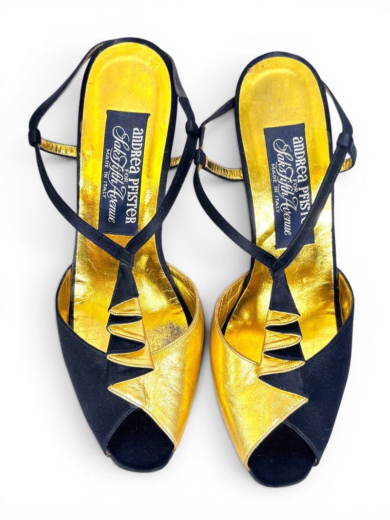 Andrea Pfister Black Satin & Gold Sculptural Ruffle Couture Heels