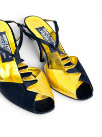 Andrea Pfister Black Satin & Gold Sculptural Ruffle Couture Heels