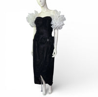 80's Vintage Black Velvet Dress with Dramatic Sheer Puff Sleeves & Rhinestone Detail