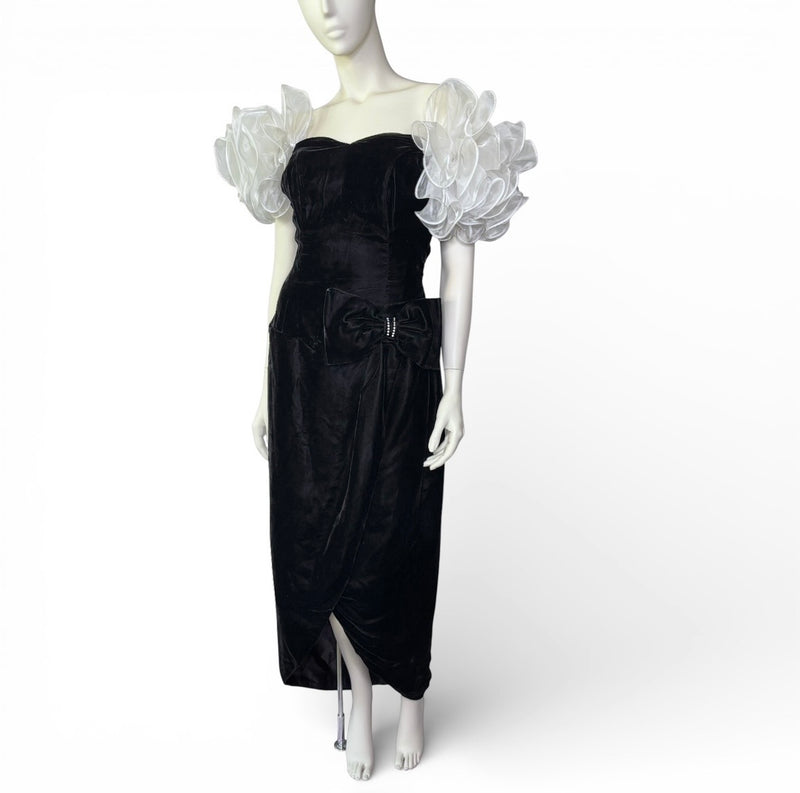 80's Vintage Black Velvet Dress with Dramatic Sheer Puff Sleeves & Rhinestone Detail