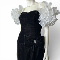 80's Vintage Black Velvet Dress with Dramatic Sheer Puff Sleeves & Rhinestone Detail