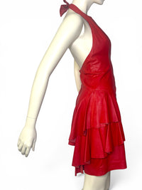 Vintage Tannery West Red Leather Ruffle Halter Dress