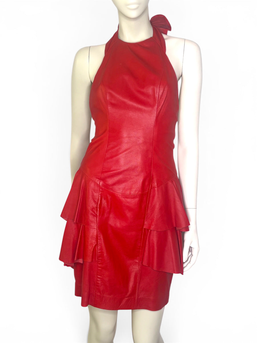 Vintage Tannery West Red Leather Ruffle Halter Dress