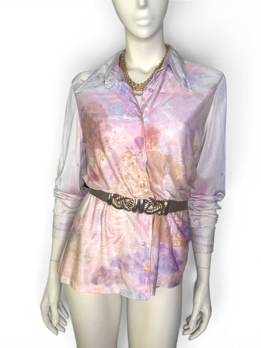 Pastel Reverie | 1970s Scenic Romantic Pastel Print Blouse