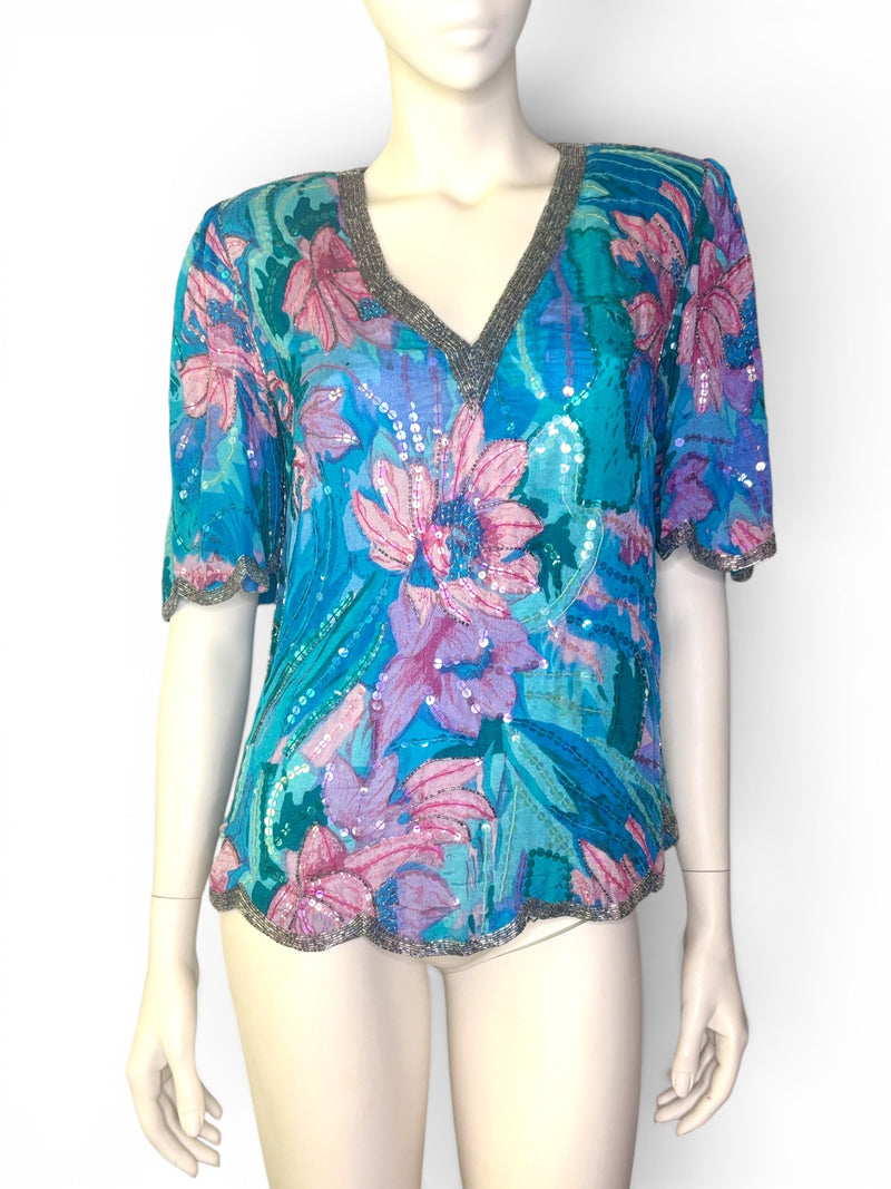 Aurora Garden | Judith Ann Creations Vintage Silk Floral Beaded Top